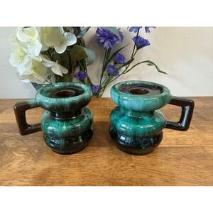 Vintage‎ Canadian Pottery Candle Holders Green Drip Glaze Pair Retro Decor